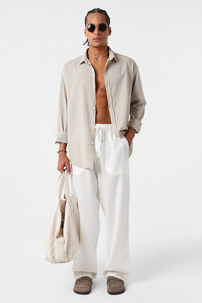 VAMOSCLO Basic Oversize Cotton Linen Shirt Stone