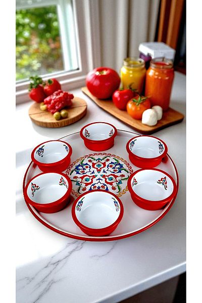 İnci Emaye 7 Piece Medium Size Patterned Enamel Breakfast Set, Presentation, Breakfast Plate, Jam Bowl, Olives, Cheese Plate