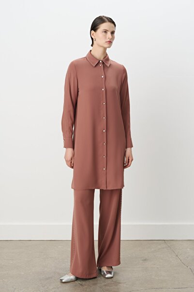 Nihan Taş Baskılı Pantolon Tunik Takım Açık Kahve