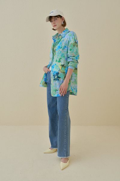 Nihan Gathered Sleeves Shirt Collar Tunic Blue
