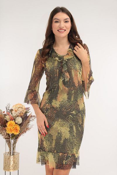 Vanessa Line RO Elegant olive tulle dress with abstract print and ruffles at the neckline