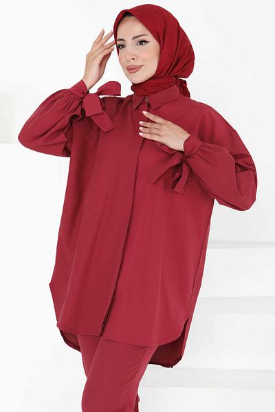 TOFİSA Sleeve Detailed Double Suit Claret Red - 27085