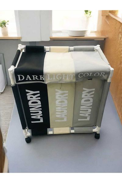 BUNCA 3-compartment laundry basket, 64 x 60 x 35 cm, with wheels and a top lid, for easy organization of laundry at home