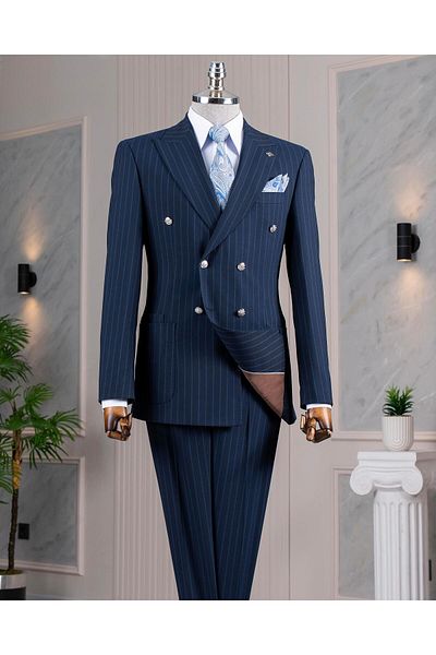 TerziAdemAltun Italian Style Slim Fit Double Breasted Jacket Pants Suit Navy Blue T14295