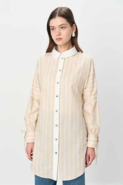 Nihan Çizgili Gömlek Yaka Pamuk Tunik Bej