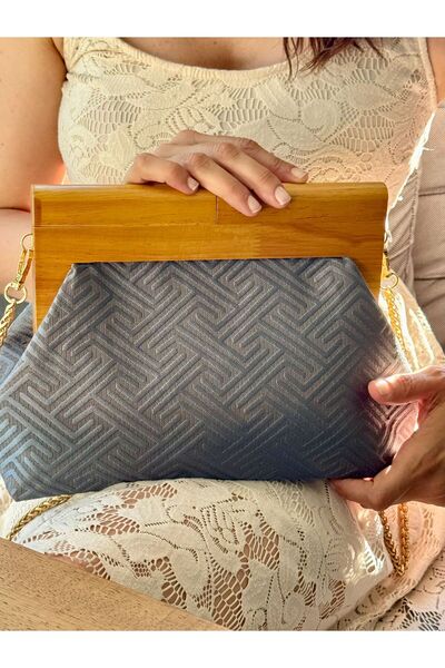 JOPHIEL Bahram Petite - Zincirli, Ahşap Burslu Kumaş Çanta, Clutch, El Çantası, Kol Çantası, Omuz Çantası