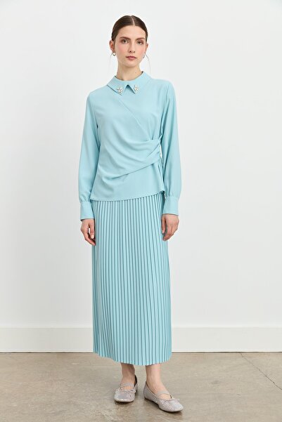 Nihan Aksesuar Detaylı Etek Bluz Takım Aqua
