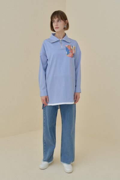 Nihan Fermuar Detaylı Kumaş Garnili Çizgili Pamuk Tunik İndigo