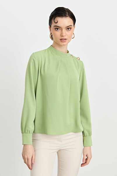 Nihan Omzu Düğmeli Şık Bluz Fıstık Yeşili