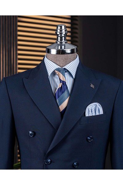TerziAdemAltun Italian Style Double-Breasted Jacket Pants Suit Navy Blue T14116