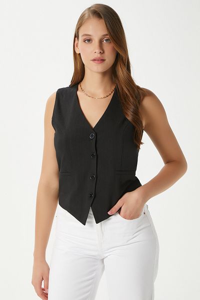 Ritnice Women's Hera Cotton Lined Black Linen Vest