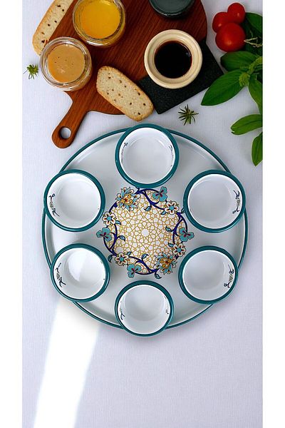 İnci Emaye 7 Piece Medium Size Patterned Enamel Breakfast Set, Presentation, Breakfast Plate, Jam Bowl, Olives, Cheese Plate
