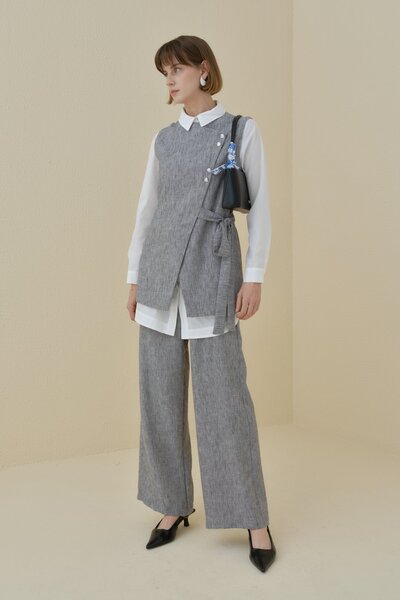 Nihan Asimetrik Kapama Yelek Pantolon Keten Görünümlü Takım Siyah