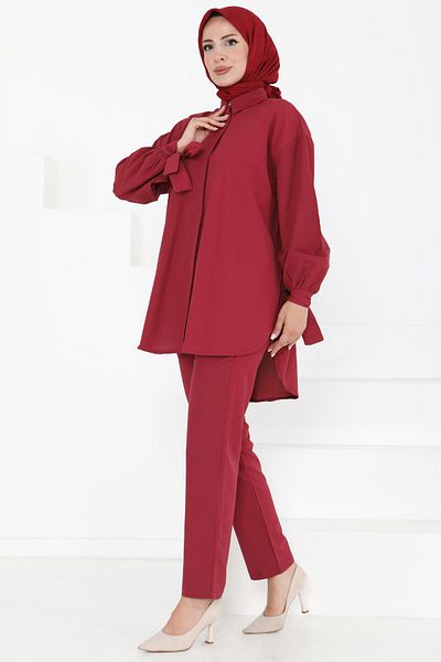 TOFİSA Sleeve Detailed Double Suit Claret Red - 27085