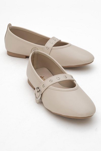 CCWAY AYAKKABI Women's Single-Piece Buckle Ballerina Beige