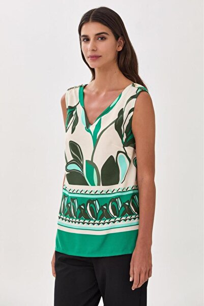 İKİLER V Yaka Kolsuz Desenli Bluz 025-3017