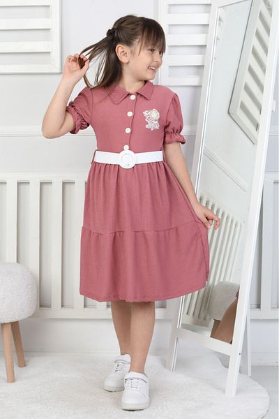 ABİYEKİDS Belted Wrinkled Fabric Eid Children's Dress Aby226