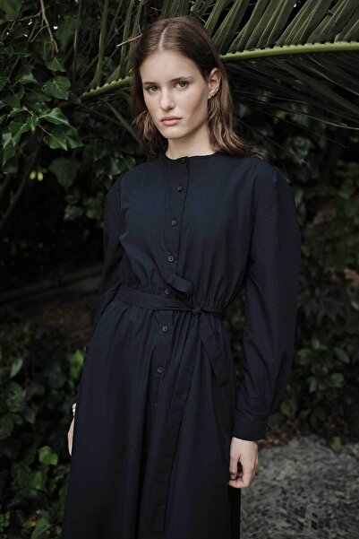 Hooopstore Mobile Sailor Collar Detailed Cotton Navy Blue Dress