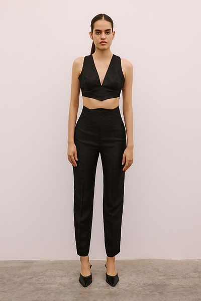 Rue Studio High Waist Black Trousers with Weaving Detail