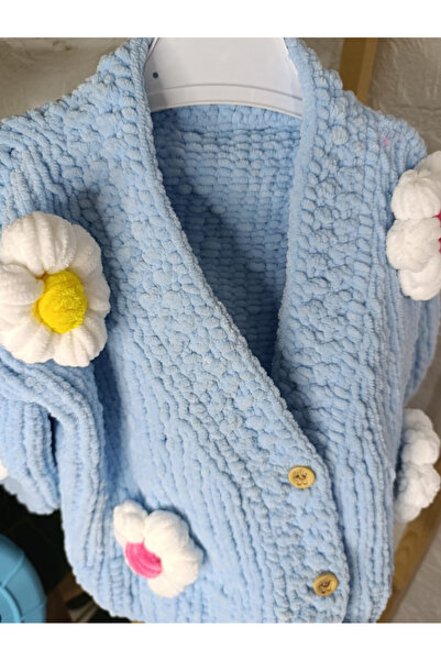 Dilcan Bebek Mavisi El Örmesi El Yapımı Örme Çiçek Desenli Çocuk Hırkası