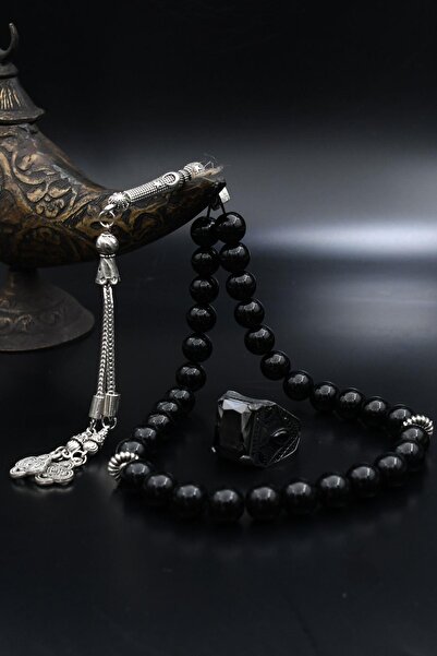 Prestige Doğal Oniks Taşlı Tesbih Ve 925 Ayar Gümüş Yüzük Kare Siyah Zirkon T...