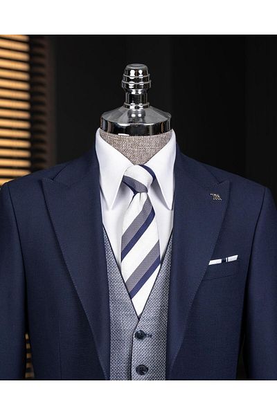TerziAdemAltun Italian Style Combination Suit Jacket Vest Pant Navy Blue T14041