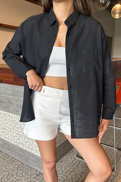 BİKELİFE Cămașă oversize din in, texturată, cu o singură buzunar
