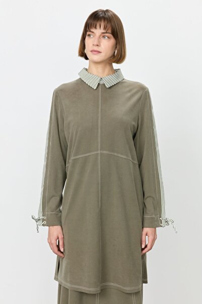 Nihan Garnili Gömlek Yaka Örme Tunik Haki