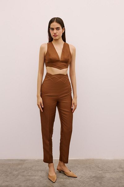 Rue Studio High Waist Brown Trousers with Weaving Detail