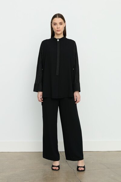 Nihan Büyük Beden Yaka Detaylı Şık Pantolon Tunik Takım Siyah