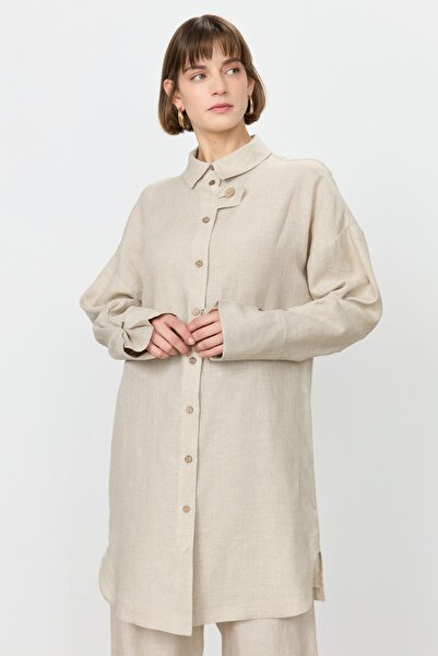 Nihan Kol Detaylı Oversize Keten Tunik Bej