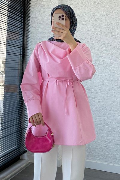 MELEK ARAZ Poplin Tunic with Shawl Collar Brooch Detail – Pink