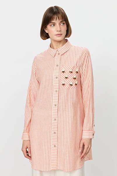 Nihan Çizgi Mixli Deniz Kabuklu Gömlek Pamuk Tunik Oranj