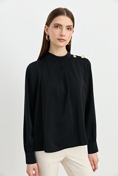 Nihan Omzu Düğmeli Şık Bluz Siyah
