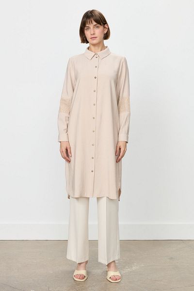 Nihan Lace and Mesh Detailed Tunic Beige