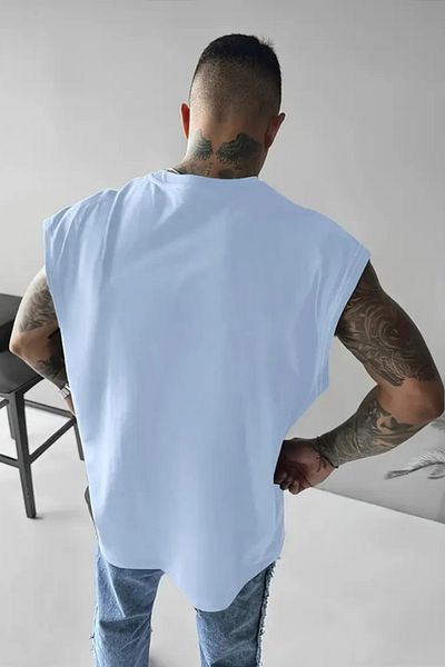 Tarz Cool I Don't Care Μπλουζάκι με στάμπα Baby Blue Αμάνικο Ανδρικό μπλουζάκι με μηδενικό μανίκι Oversize T-SHIRT