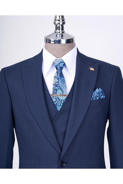TerziAdemAltun Italian Style Slim Fit Men Jacket Vest Pants Suit Navy Blue T13466