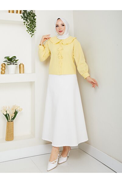 Güba Ticaret Terikoton Kumaş, Yaka Detaylı, Fiyonklu, Etek Üstü, Kadın Crop Gömlek