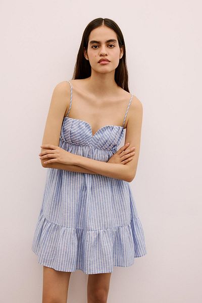 Rue Studio Striped Flounced Mini Blue Dress
