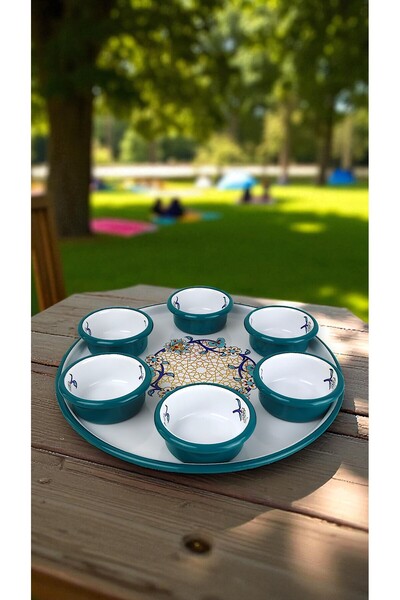 İnci Emaye 7 Piece Medium Size Patterned Enamel Breakfast Set, Presentation, Breakfast Plate, Jam Bowl, Olives, Cheese Plate