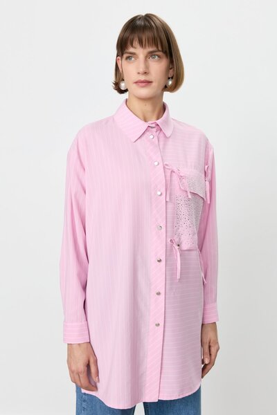 Nihan Cebi Taşlı Çizgili Gömlek Tunik Pembe