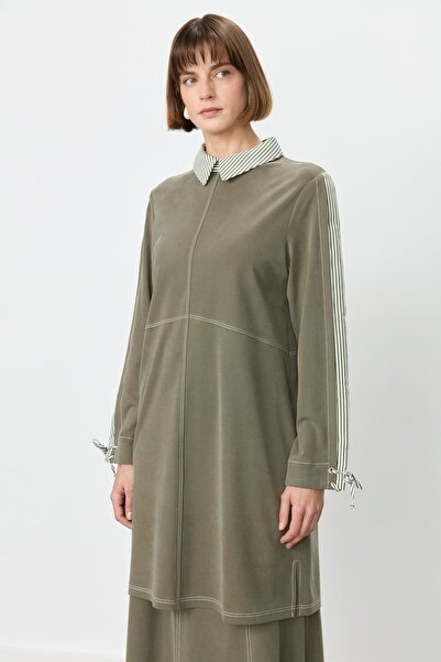 Nihan Garnili Gömlek Yaka Örme Tunik Haki