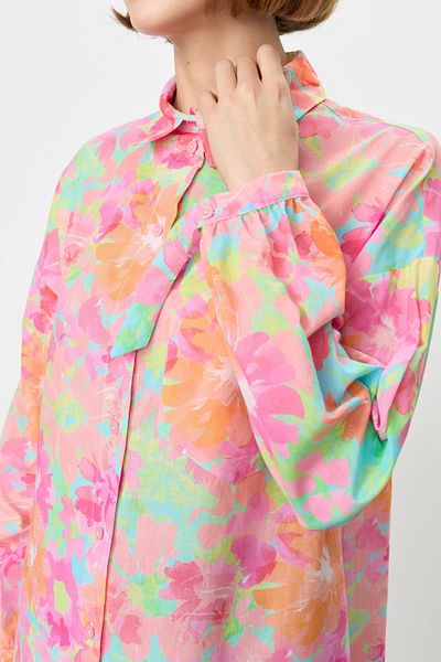 Nihan Gathered Sleeves Shirt Collar Tunic Pink