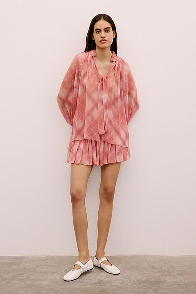 rue. Ruffle Detailed Patterned Pink Blouse