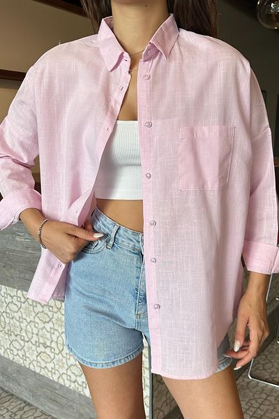 BİKELİFE Cămașă oversize din in, texturată, cu o singură buzunar
