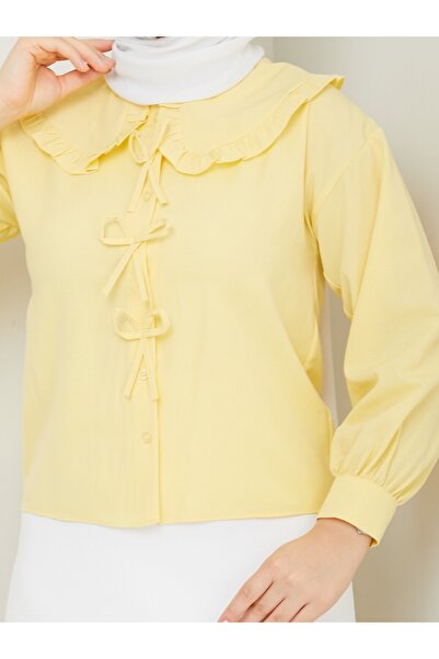 Güba Ticaret Terikoton Kumaş, Yaka Detaylı, Fiyonklu, Etek Üstü, Kadın Crop Gömlek