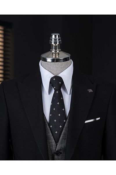 TerziAdemAltun Italian Style Combination Suit Jacket Vest Pant Black T14039