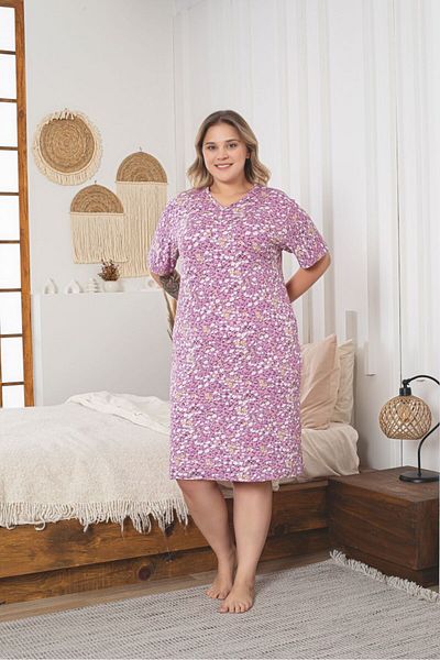 Asel Plus Size Short Sleeve Lycra Combed Cotton Nightdress