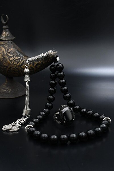 Prestige Doğal Oniks Taşlı Tesbih Ve 925 Ayar Gümüş Yüzük Kare Siyah Zirkon T...