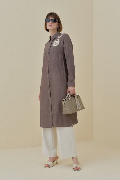 Nihan Knitted Floral Detailed Tunic Brown